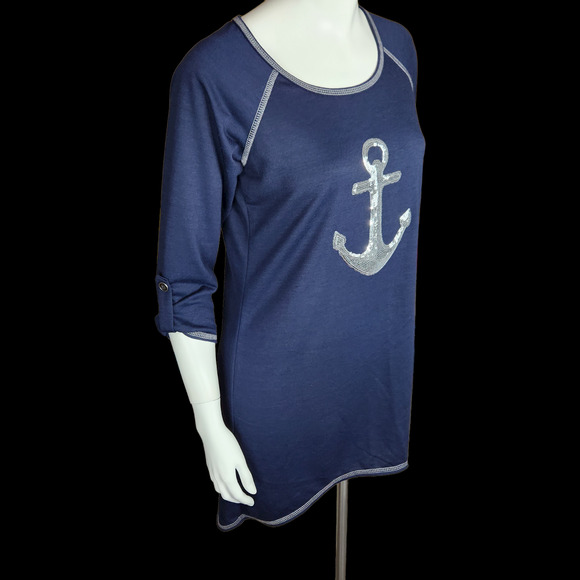 Lily Bleu Beach Navy Anchor Beach Cover-Up Womens M Sequin Rolled Sleeves TShirt - Picture 3 of 10